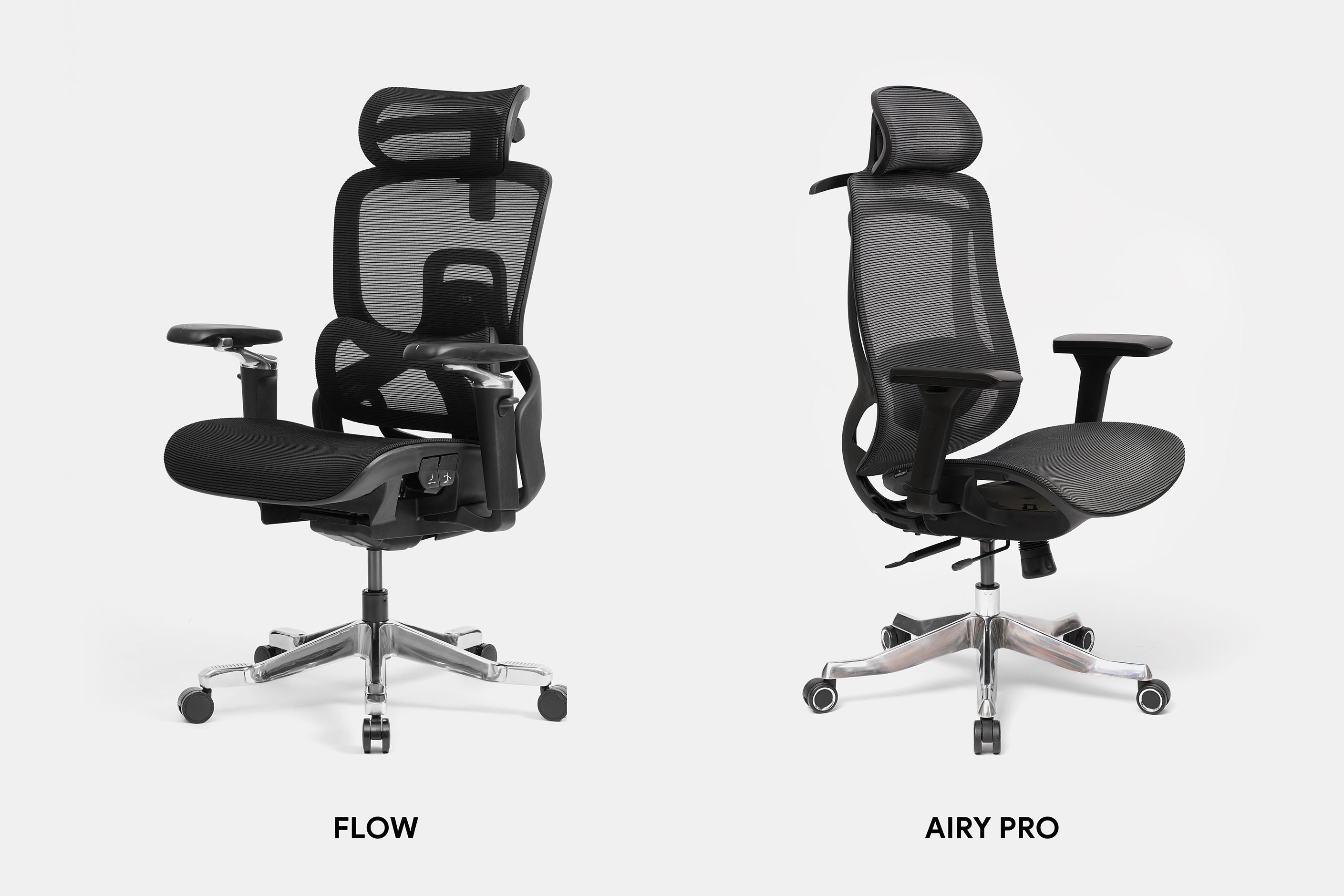 Ghế công thái học HyperWork Flow và Airy Pro đặt cạnh nhau để so sánh thiết kế và tính năng