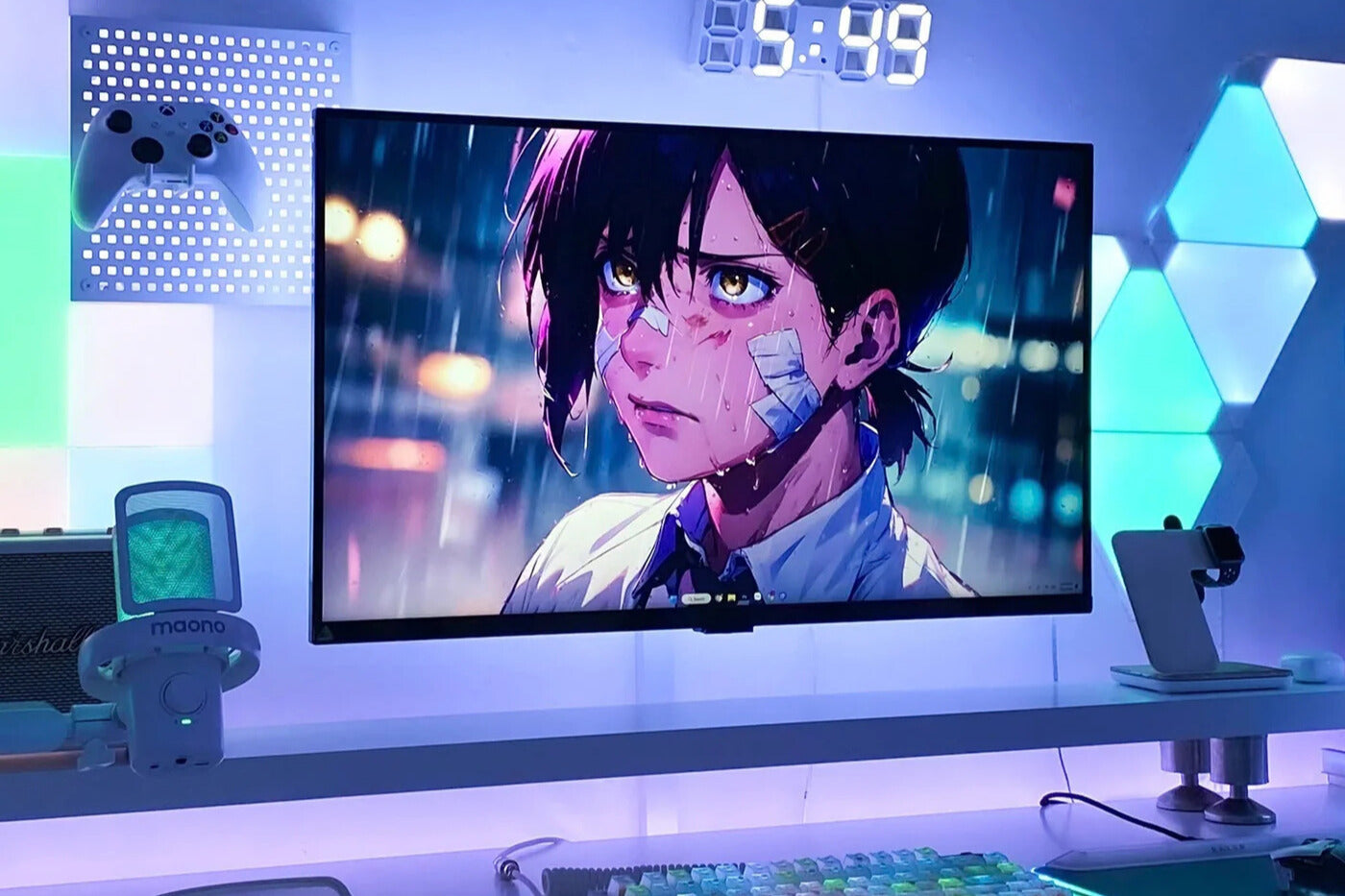 gaming setup với màn hình lớn và hệ thống đèn LED tạo không gian chơi game immersive